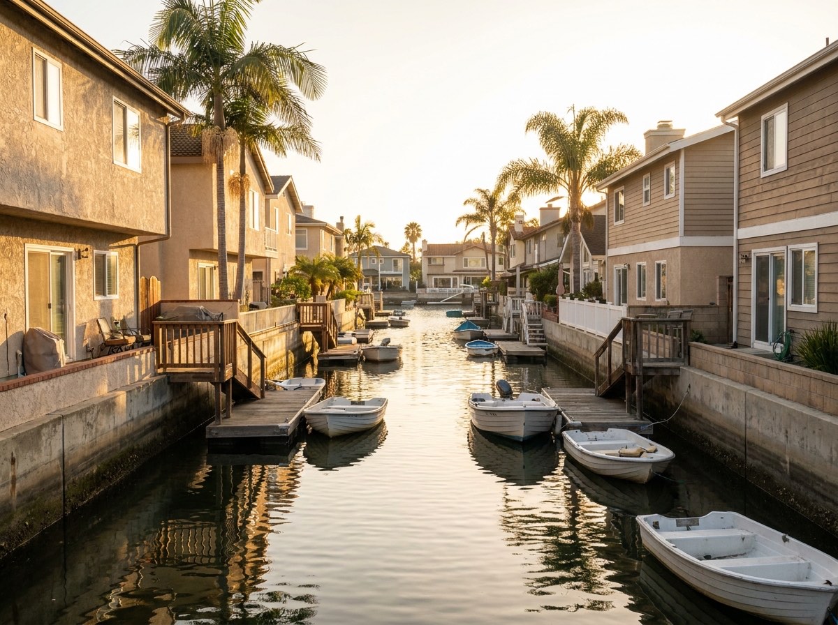 Two-storey waterfront homes with small docks and seawalls lining a calm canal, palms and moored skiffs in late sun