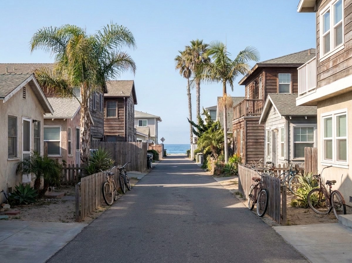 A narrow street of closely spaced beach cottages with bikes against low fences, palms and the ocean at the end of the street