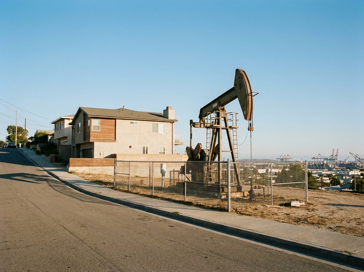 An oil pumpjack on a fenced lot beside a modern hillside house, with the flatlands and port cranes in the distance