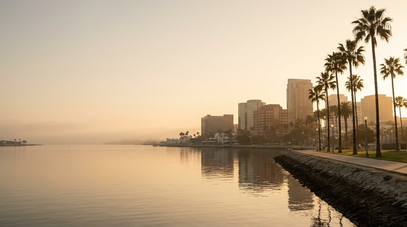 Downtown Long Beach towers and a row of palms along the harbor shoreline at golden hour, calm water reflecting the skyline